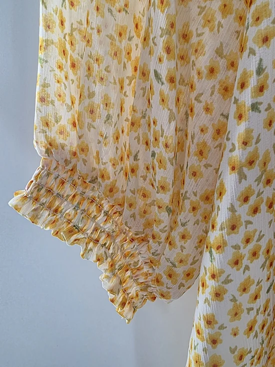 Joie Yellow Floral V-Neck Peasant Blouse Short Sleeve Womens Size Small - Picture 6 of 13